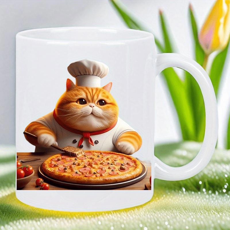 Tailorly White Ceramic 11 oz Mug - Adorable Ginger Cat Chef Wearing White Hat Preparing Delicious Pizza Cat