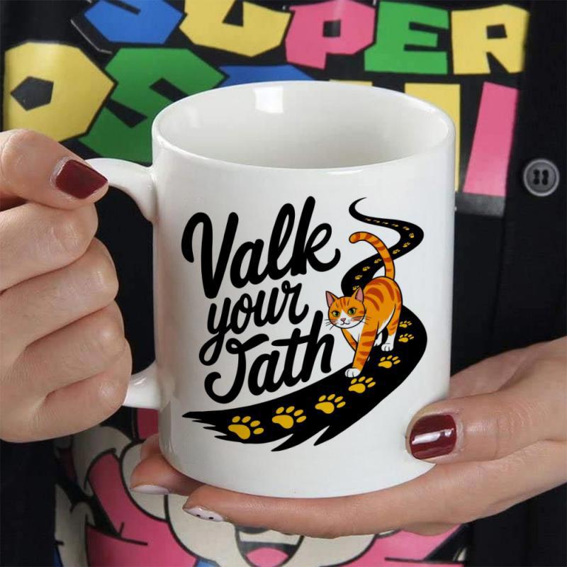 Tailorly White Ceramic 11 oz Mug - Walk Your Path Ginger Tabby Character Walking Along Winding Black Road With Paw Prints Cat