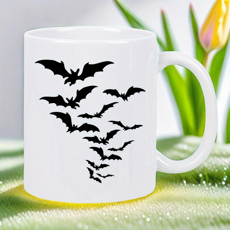 Tailorly White Ceramic 11 oz Mug - Black Bats Flying In A Swarm Against A White Background Bats