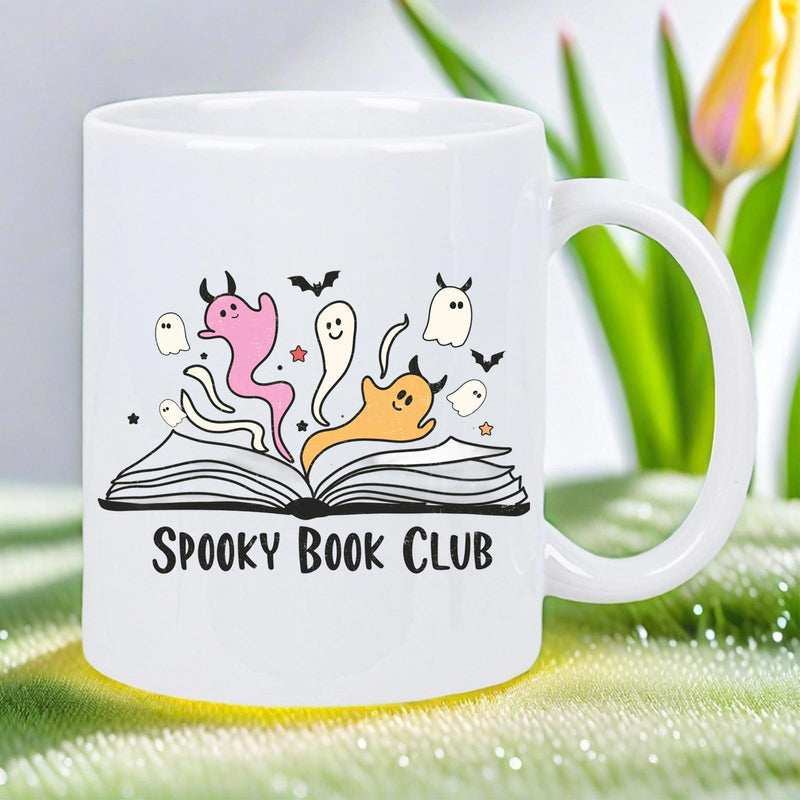Tailorly White Ceramic 11 oz Mug - Spooky Book Club Colorful Little Ghosts Emerging From A Magic Story Book