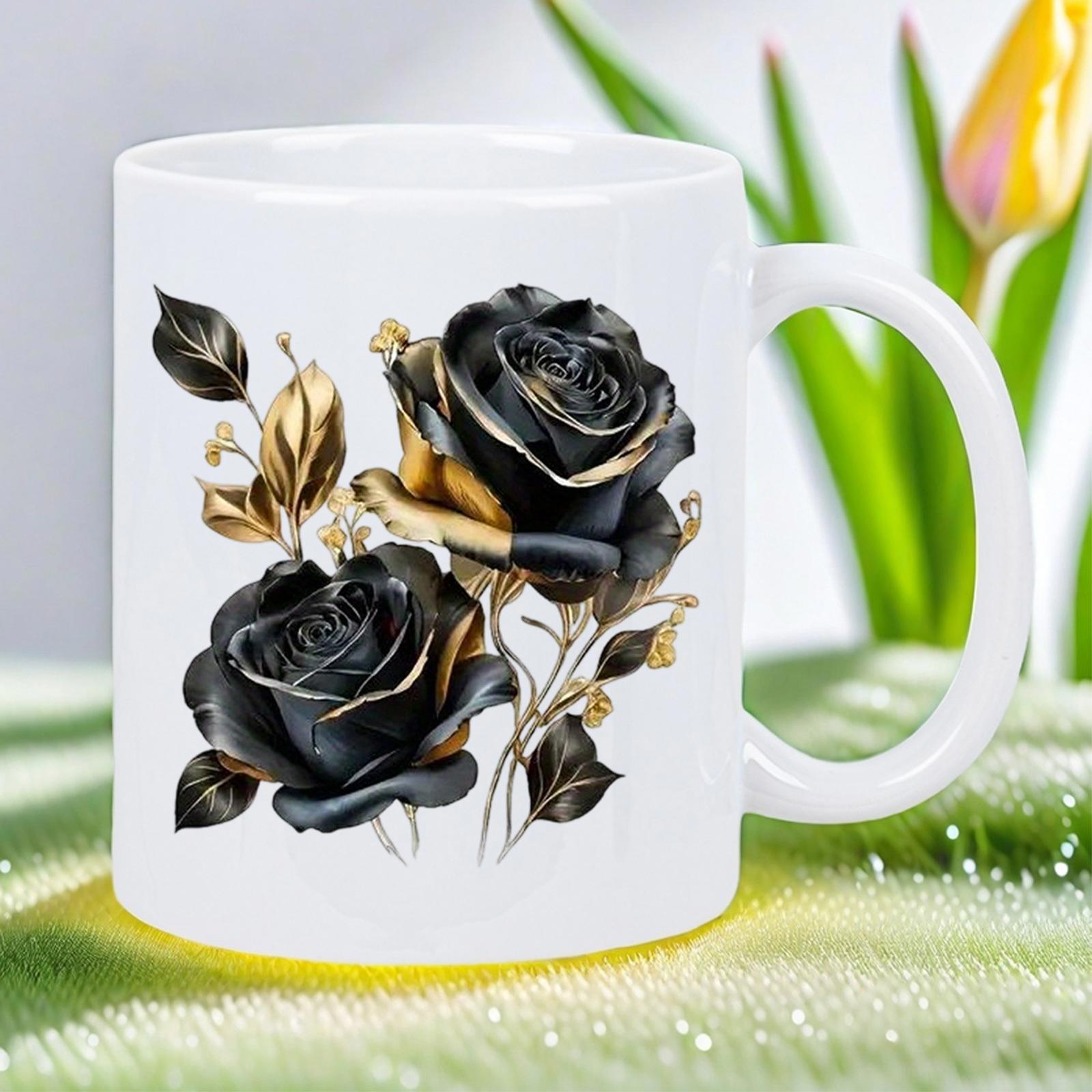 Tailorly White Ceramic 11 oz Mug - Elegant Metallic Black And Gold Blooming Floral Petals With Detailed Leaves Rose