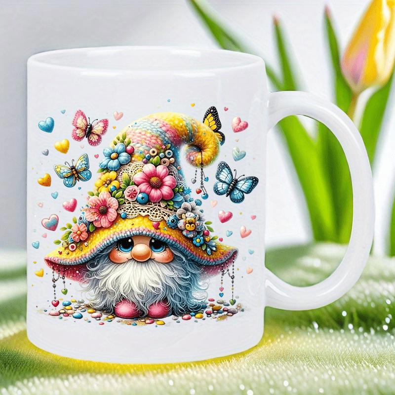 Tailorly White Ceramic 11 oz Mug - Colorful Whimsical Garden Creature Wearing Floral Hat Among Flying Spring Butterflies Gnome