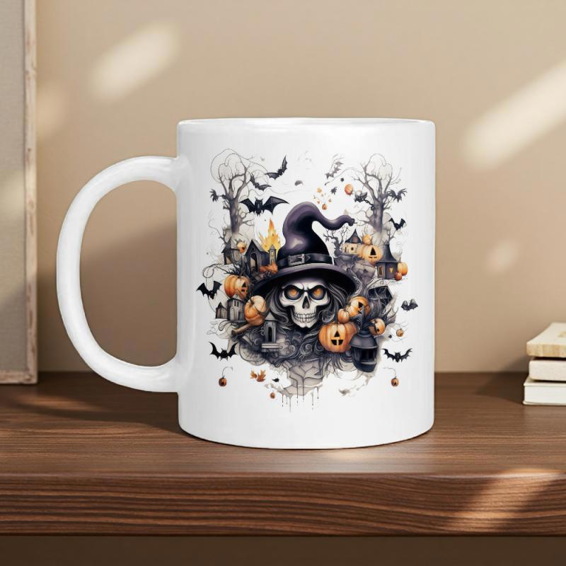 Tailorly White Ceramic 11 oz Mug - Spooky Halloween Theme With Flying Bats Pumpkins And Haunted Houses Skull