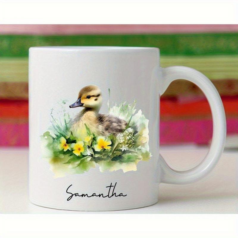 Tailorly White Ceramic 11 oz Mug - Samantha Adorable Watercolor Style Sitting Among Blooming Yellow Flowers And Grass Duckling