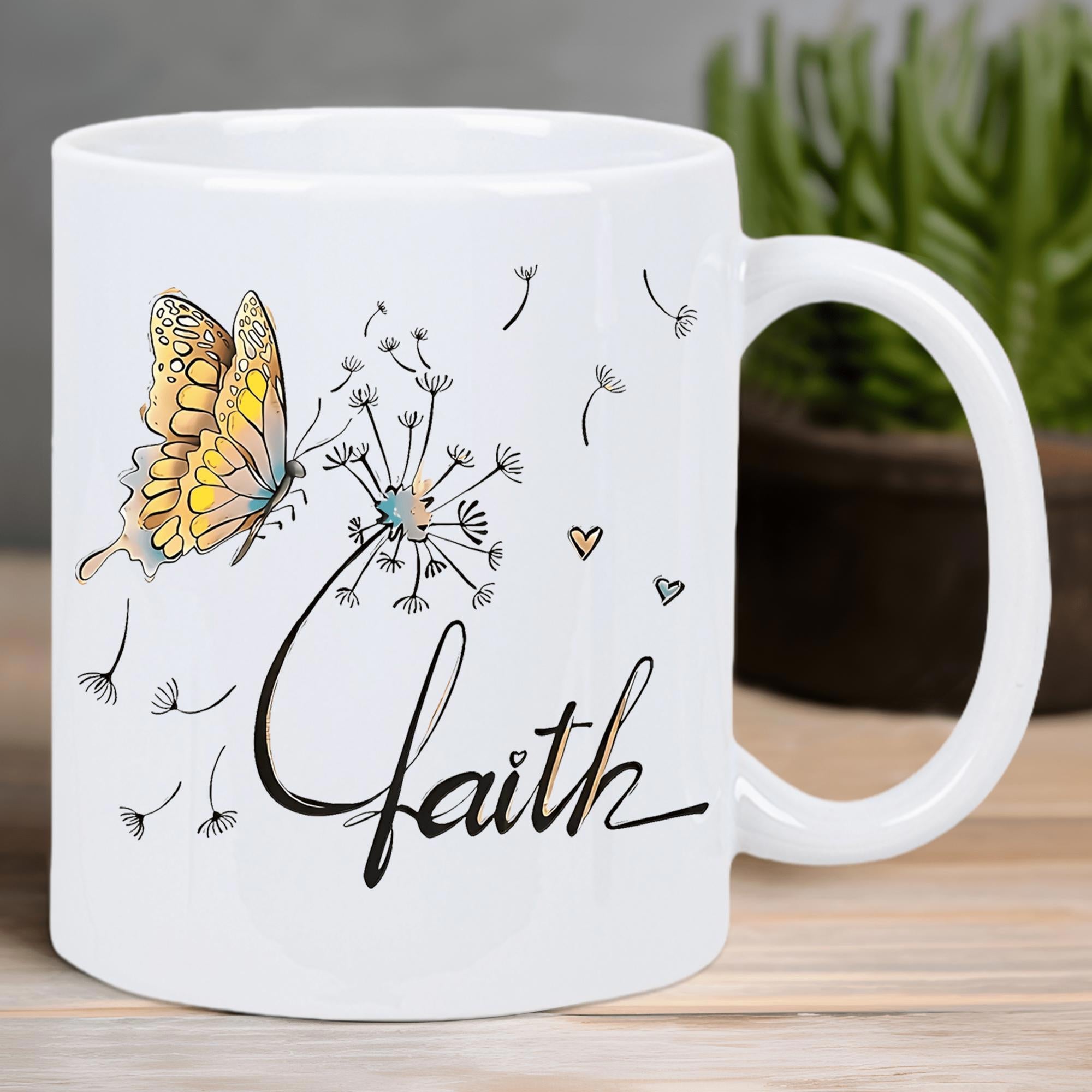 Tailorly White Ceramic 11 oz Mug - Faith Delicate Yellow Butterfly Resting On Dandelion With Seeds Floating In Air Butterfly