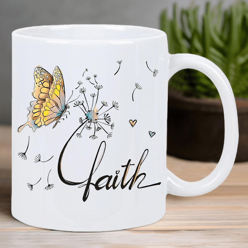 Tailorly White Ceramic 11 oz Mug - Faith Delicate Yellow Butterfly Resting On Dandelion With Seeds Floating In Air Butterfly