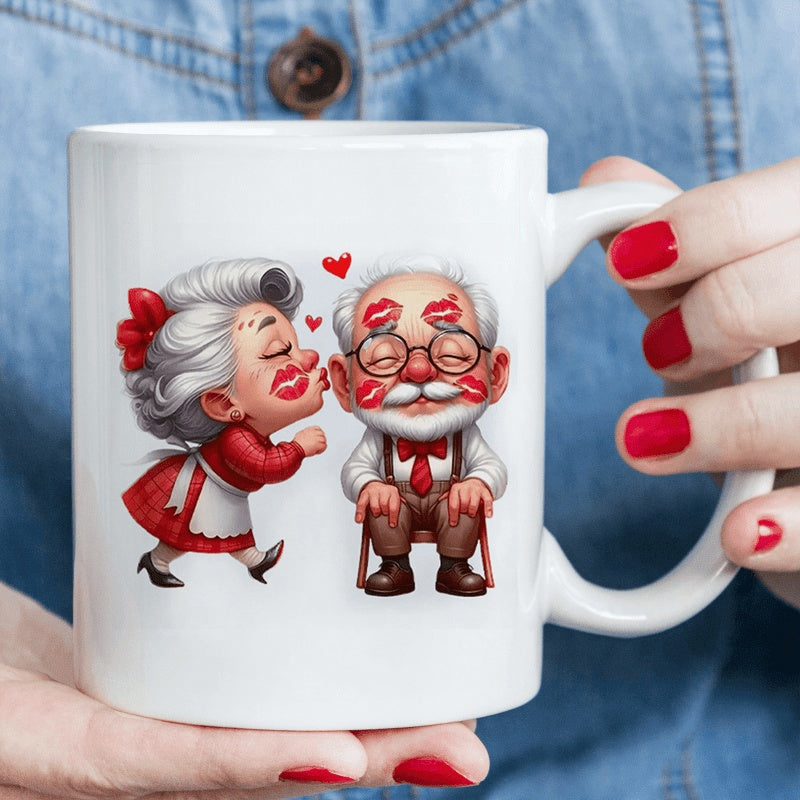 Tailorly White Ceramic 11 oz Mug - Whimsical Cartoon Elderly Pair Sharing Sweet Kisses Among Floating Red Hearts Couple