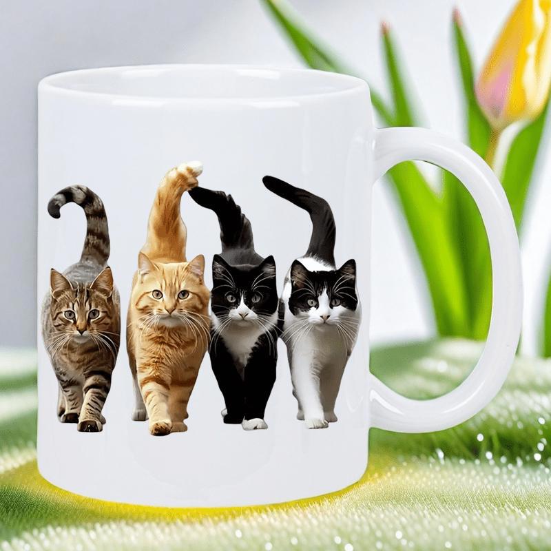 Tailorly White Ceramic 11 oz Mug - Four Playful Domestic Felines Walking Together Across A Bright White Background Cats