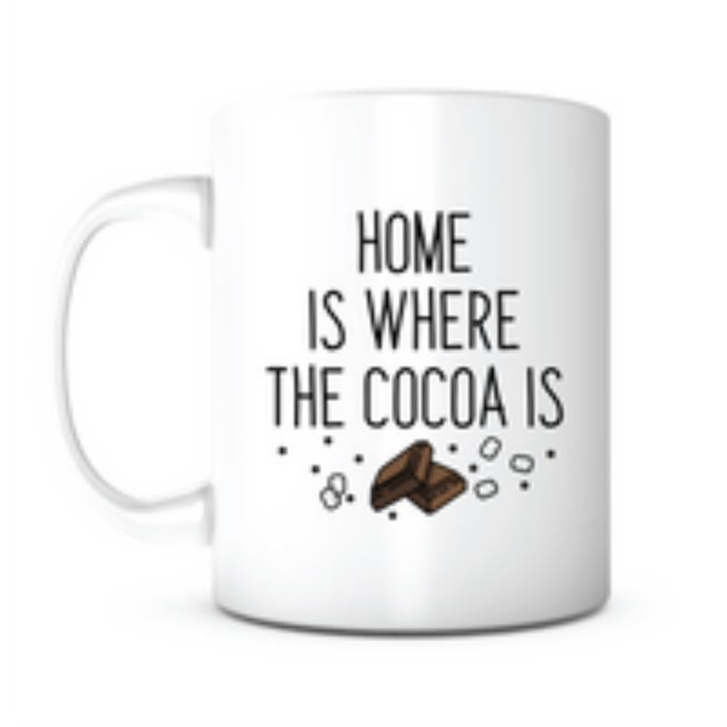 Tailorly White Ceramic 11 oz Mug - Home Is Where The Cocoa Is Two Pieces Of Dark Chocolate With Tiny Marshmallows Scattered Around Chocolate