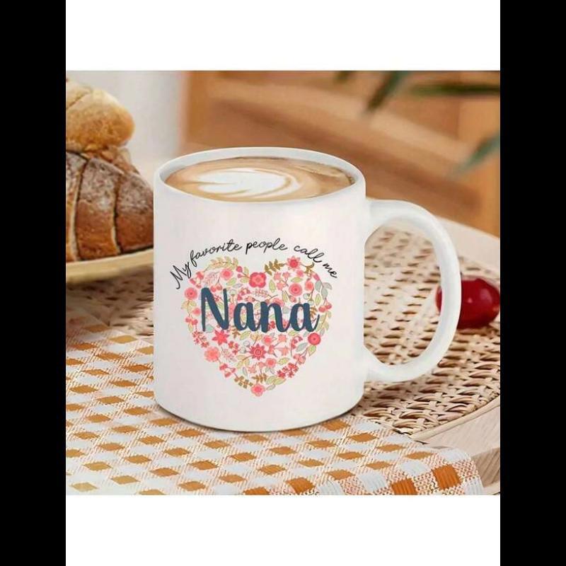 Tailorly White Ceramic 11 oz Mug - My Favorite People Call Me Nana Intricate Pink Floral Heart Pattern With Delicate Blooming Flowers Mug