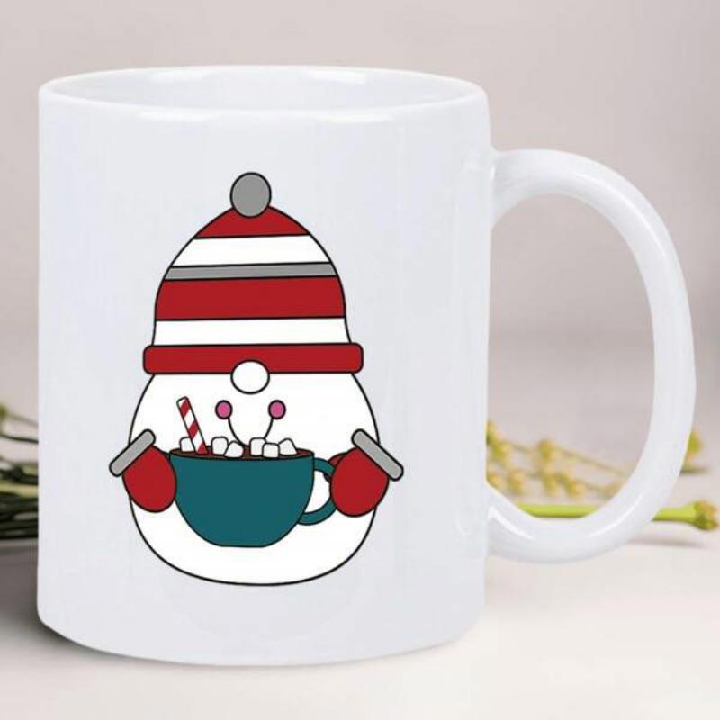 Tailorly White Ceramic 11 oz Mug - Festive Holiday Character Wearing Red Striped Hat Holding Hot Cocoa Mug Gnome
