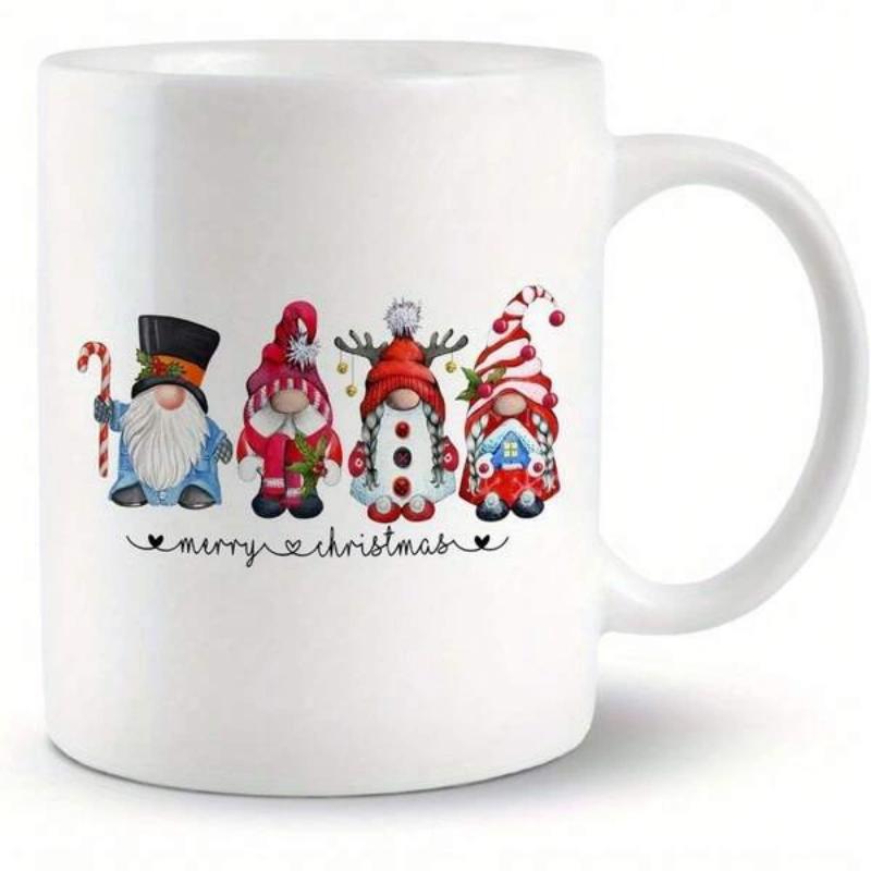 Tailorly White Ceramic 11 oz Mug - Merry Christmas Adorable Festive Gnomes Wearing Holiday Hats Standing In A Row Gnomes
