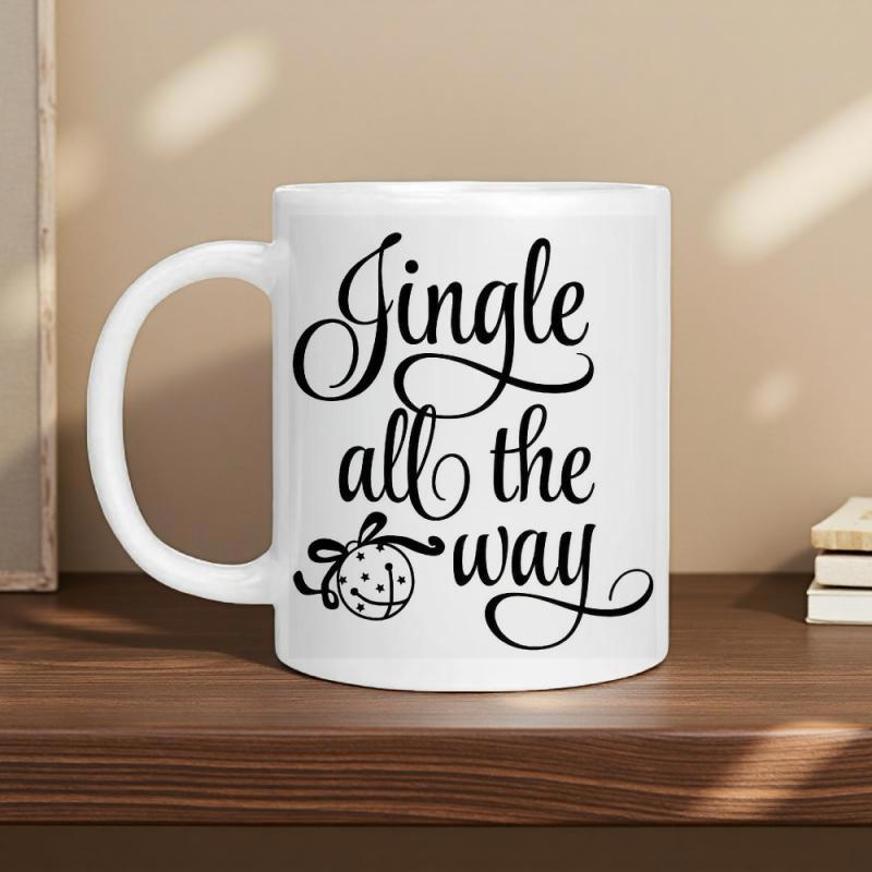 Tailorly White Ceramic 11 oz Mug - Jingle All The Way Handwritten Style Script Graphics With A Tiny Bow Tied Bell Mug