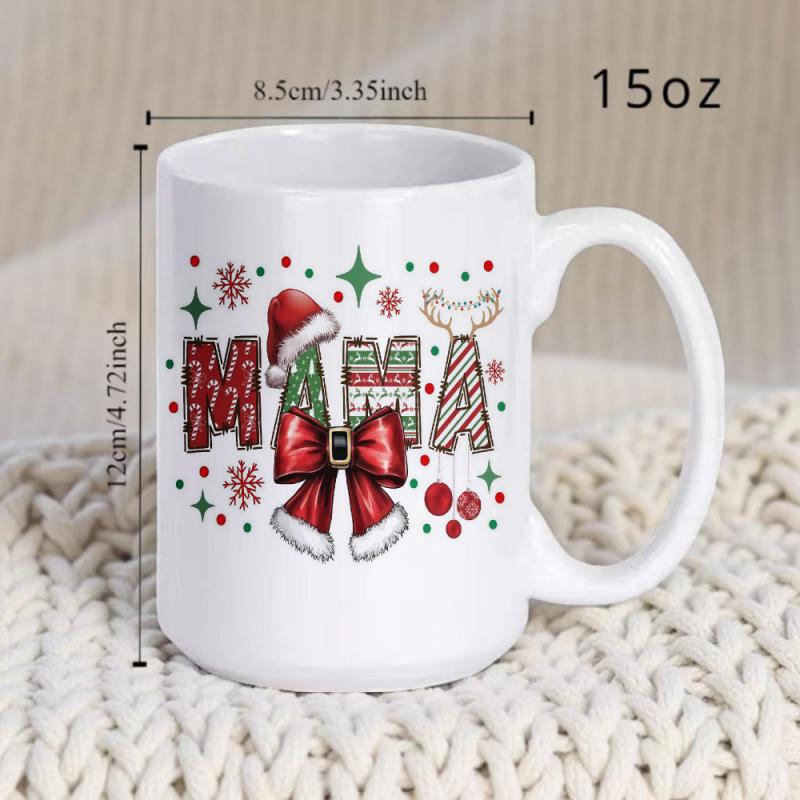 Tailorly White Ceramic 11 oz Mug - MAMA Festive Christmas Pattern With Decorative Letters Bow And Reindeer Antlers Mug