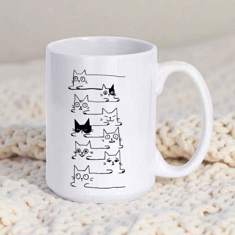 Tailorly White Ceramic 11 oz Mug - Minimalist Hand Drawn Sketch Featuring Vertical Stack Of Multiple Expressive Cartoon Cat