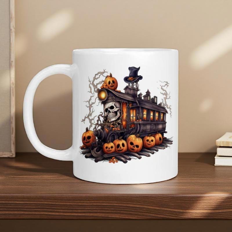 Tailorly White Ceramic 11 oz Mug - Spooky Haunted Gothic Steam Engine With Carved Jack O Lanterns And Ghostly Train