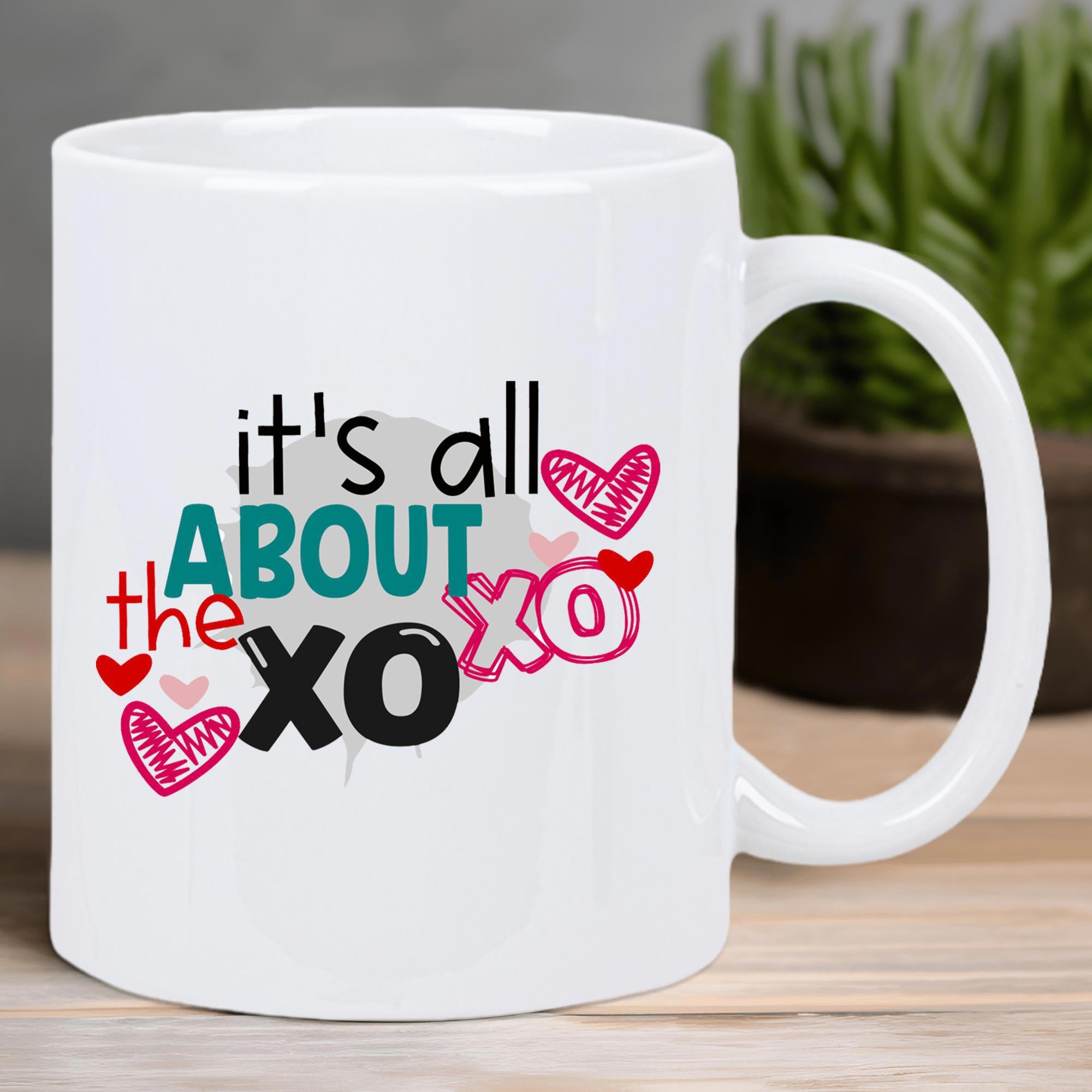 Tailorly White Ceramic 11 oz Mug - Its All About The XO XO Colorful Hearts Scattered Around Stylized Text On A Ceramic Surface Heart