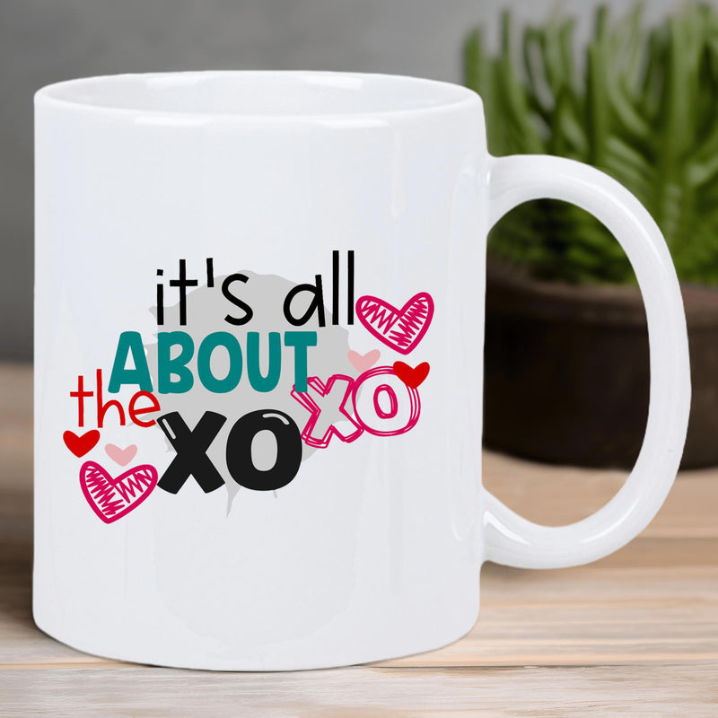 Tailorly White Ceramic 11 oz Mug - Its All About The XO XO Colorful Hearts Scattered Around Stylized Text On A Ceramic Surface Heart