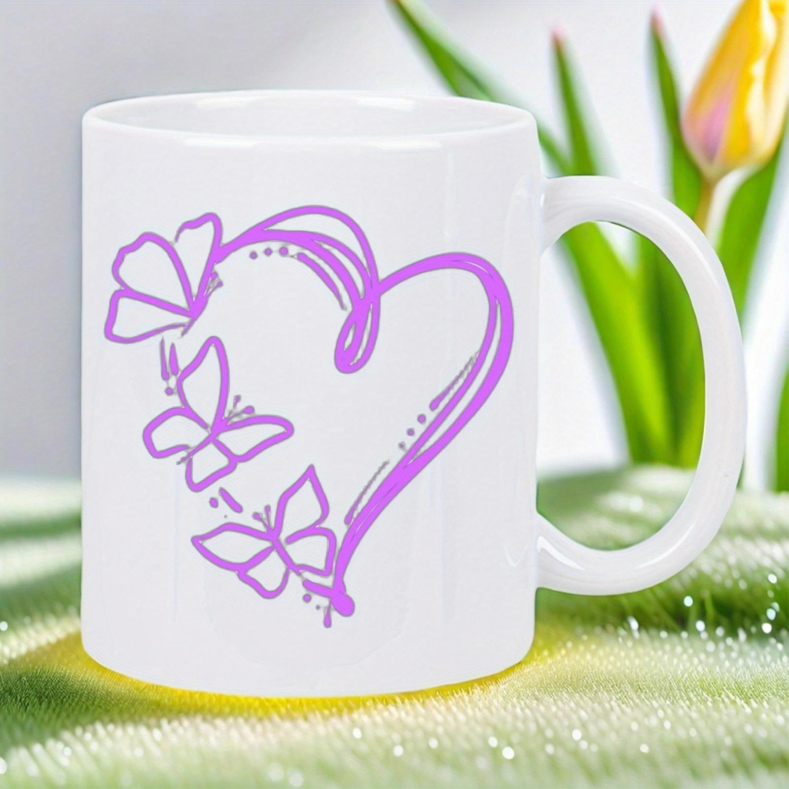 Tailorly White Ceramic 11 oz Mug - Delicate Purple Butterflies Flying Along An Artistic Hand Drawn Outline Heart