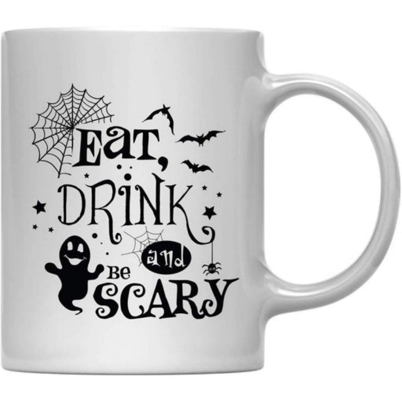 Tailorly White Ceramic 11 oz Mug - Eat Drink And Be Scary Spooky Elements Featuring Spider Webs Bats And Stars With Smiling Ghost
