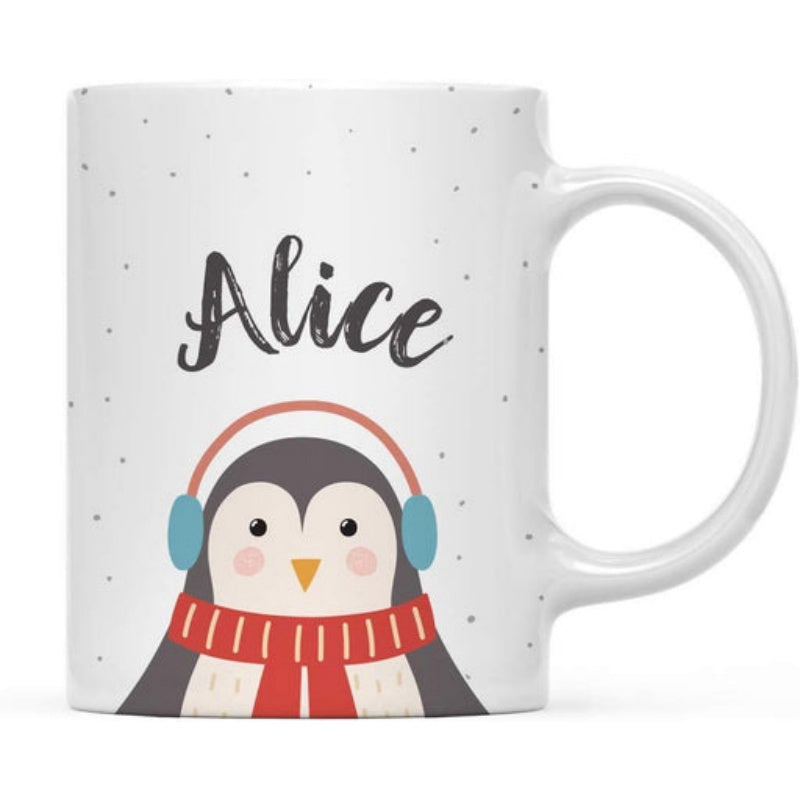 Tailorly White Ceramic 11 oz Mug - Alice Adorable Cartoon Penguin Wearing Red Scarf And Soft Blue Earmuffs Penguin