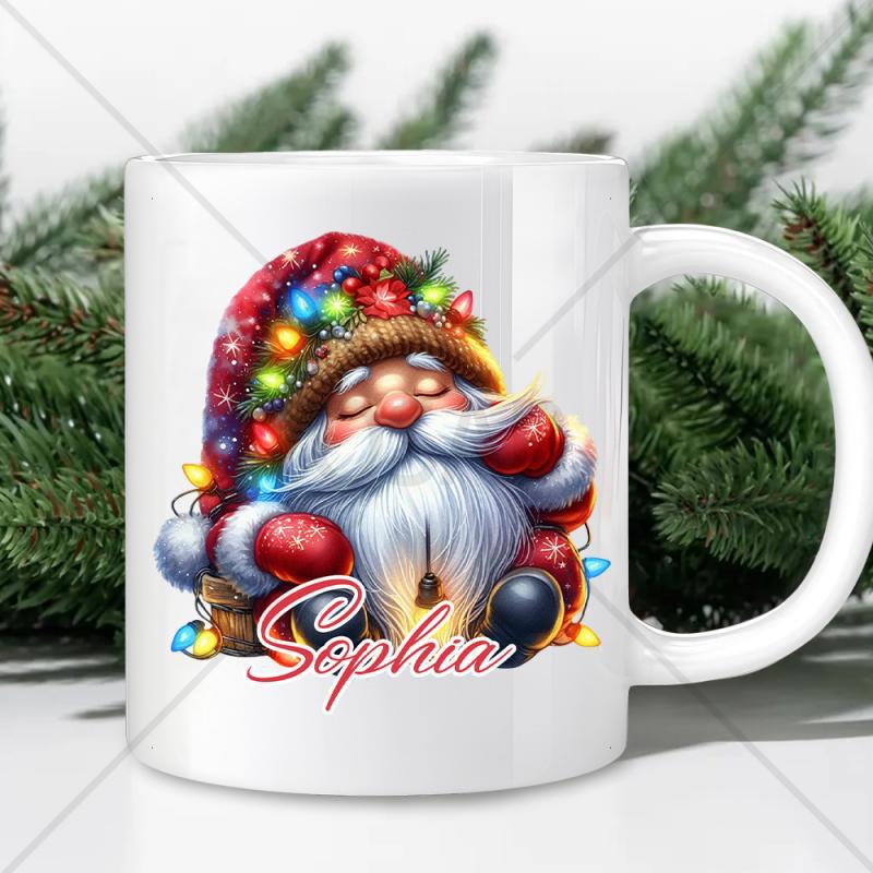 Tailorly White Ceramic 11 oz Mug - Sophia Festive Christmas Character Wrapped In Colorful Glowing Holiday Fairy Lights Gnome