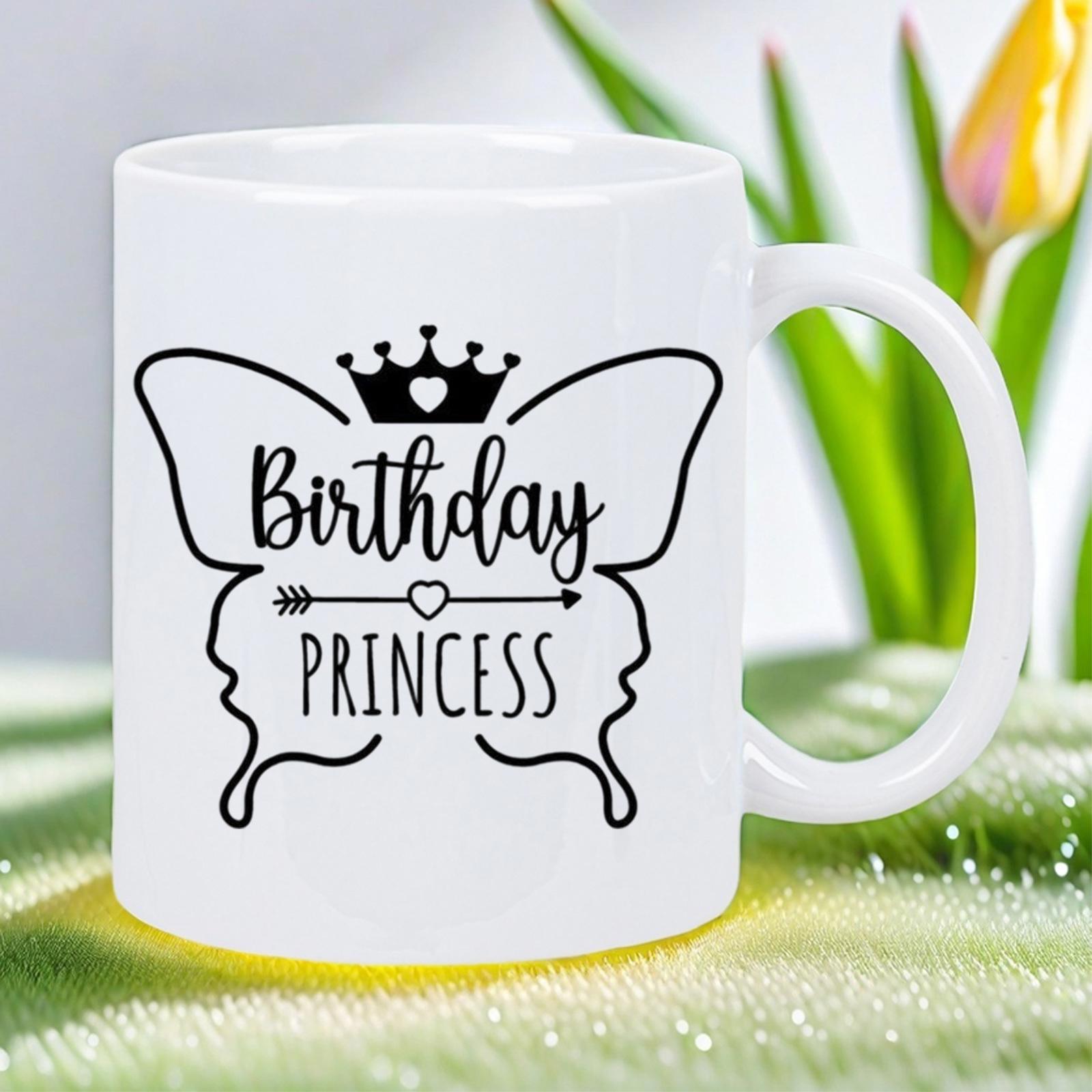 Tailorly White Ceramic 11 oz Mug - Birthday Princess Delicate Silhouette Featuring Royal Crown And Heart Arrow Butterfly