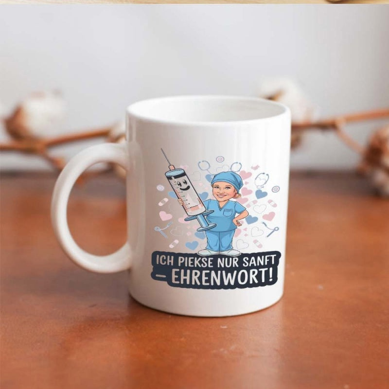 Tailorly White Ceramic 11 oz Mug - Smiling Cartoon Medical Professional Holding A Large Syringe Among Floating Hearts Nurse