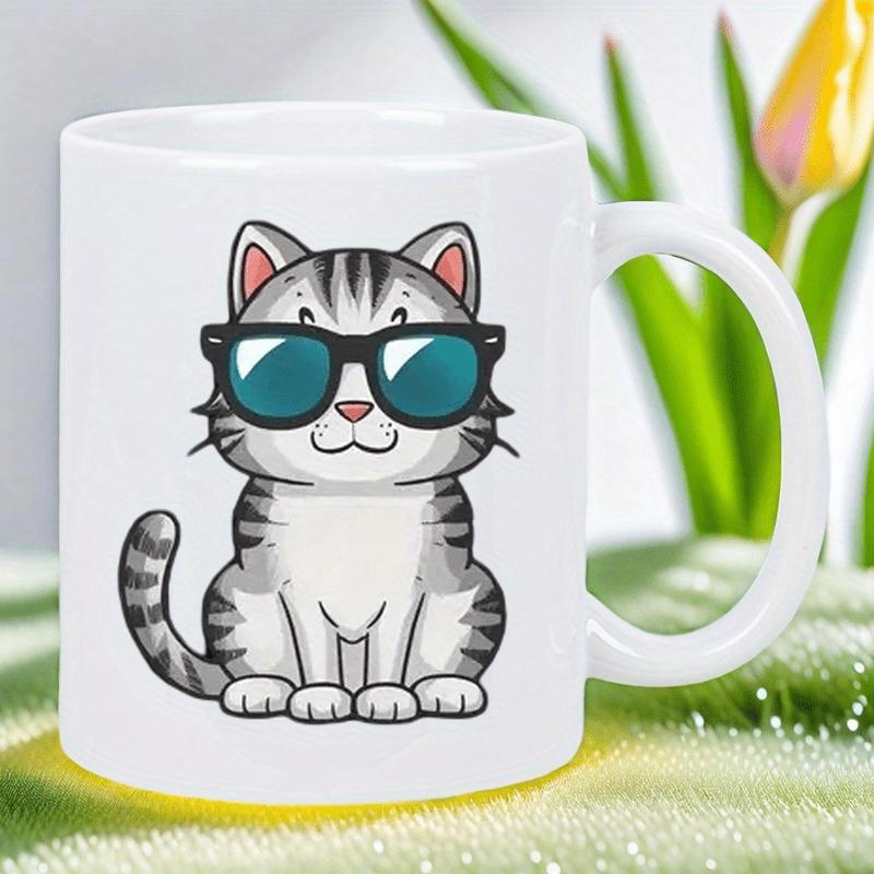 Tailorly White Ceramic 11 oz Mug - Adorable Grey Striped Cartoon Cat Wearing Cool Dark Sunglasses Sitting Gracefully Cat