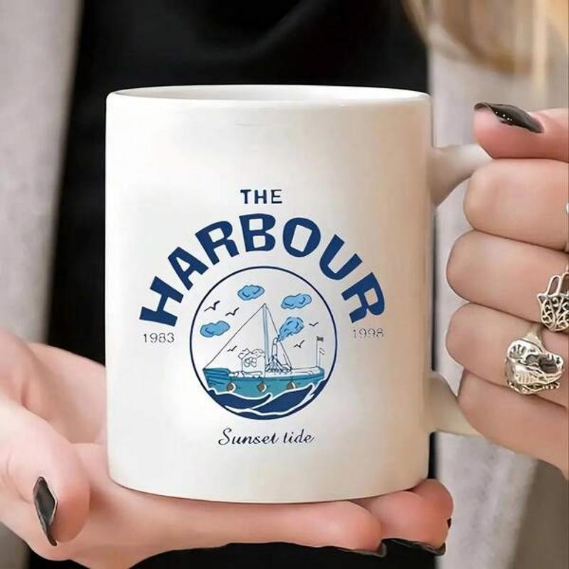 Tailorly White Ceramic 11 oz Mug - The Harbour Sunset Ride York Vintage Circular Seal With A Sailing Vessel On Rolling Waves Sailboat