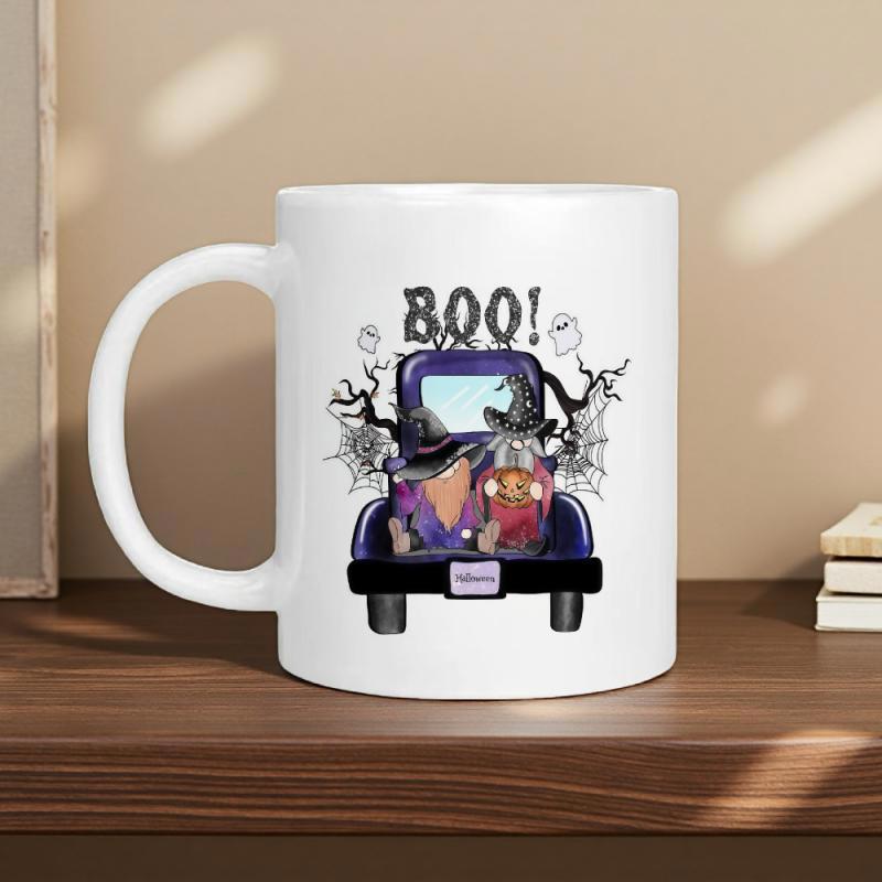 Tailorly White Ceramic 11 oz Mug - Boo Vintage Purple Truck Carrying Spooky Halloween Gnomes With Cobwebs And Ghosts Truck