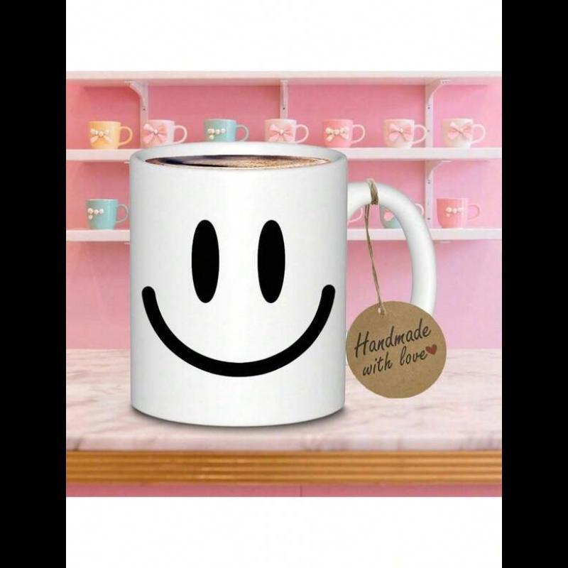 Tailorly White Ceramic 11 oz Mug - Handmade With Love Minimalist Happy Face Pattern On A Polished