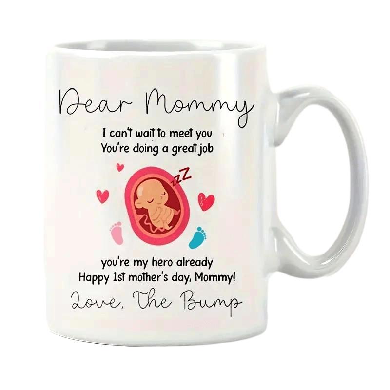 Tailorly White Ceramic 11 oz Mug - Dear Mommy Love The Bump Cute Tiny Baby Inside Womb Surrounded By Floating Pink Hearts Footprints Mug