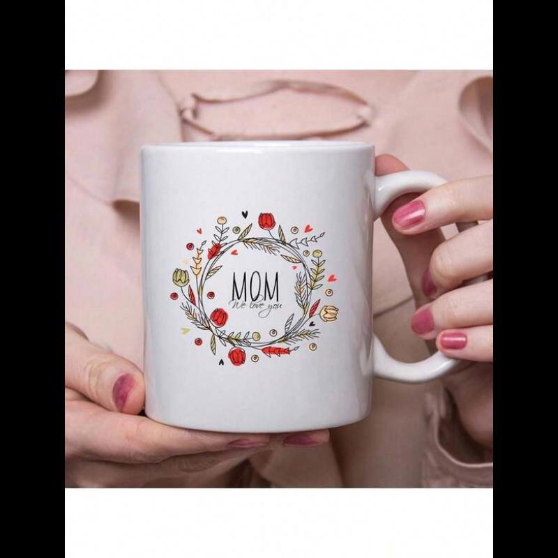 Tailorly White Ceramic 11 oz Mug - Mom Colorful Hand Drawn Floral Circle Surrounded By Delicate Green Leaves Wreath