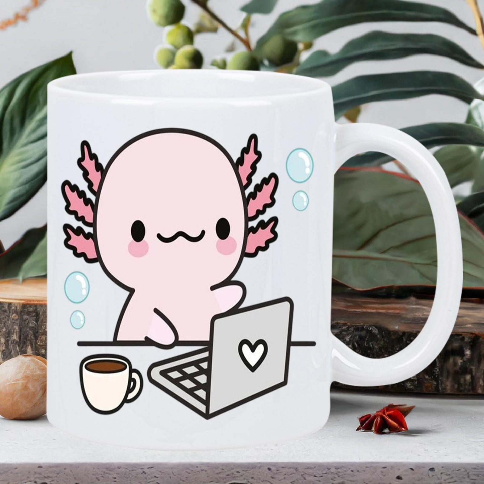 Tailorly White Ceramic 11 oz Mug - Cute Pink Cartoon Creature Working On Laptop Beside Small Coffee Cup Bubbles Axolotl