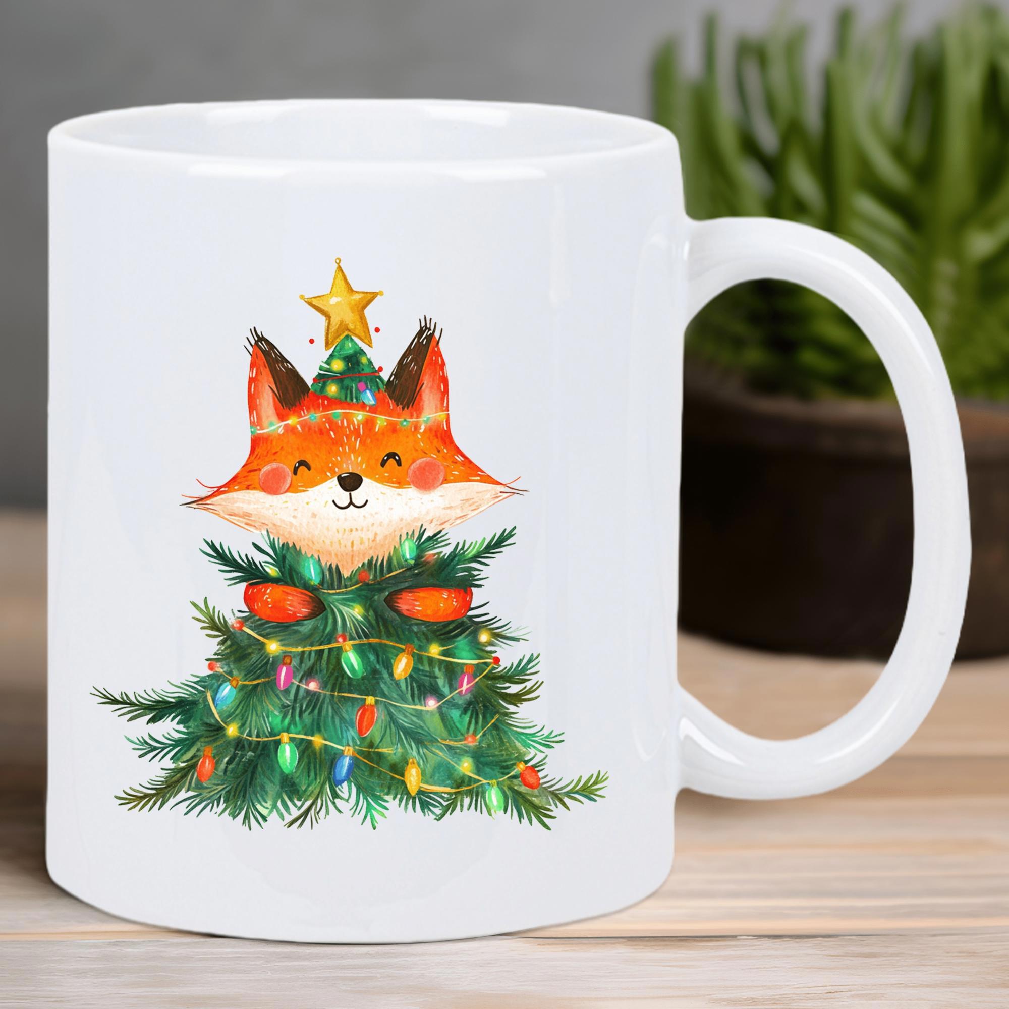 Tailorly White Ceramic 11 oz Mug - Watercolor Orange Forest Animal Peeking Out From Decorated Christmas Tree Fox