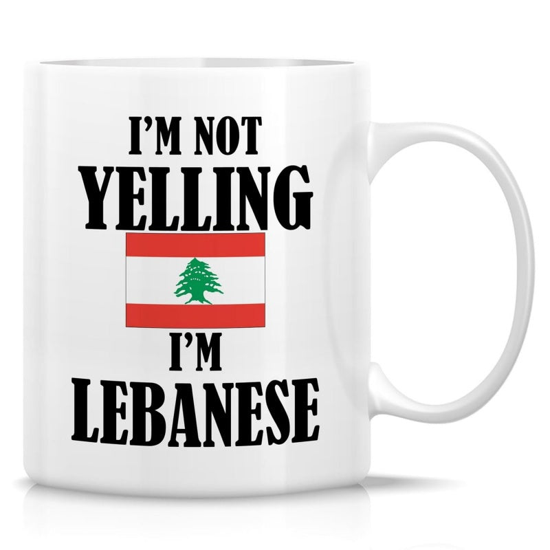 Tailorly White Ceramic 11 oz Mug - Im Not Yelling Im Lebanese Vibrant Red And White Rectangular Stripes Featuring A Majestic Green Cedar Tree Flag