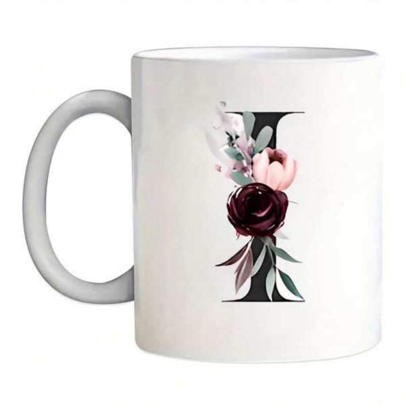 Tailorly White Ceramic 11 oz Mug - I Elegant Dark Red Roses And Soft Leaves Decorating Serif Letter Flower