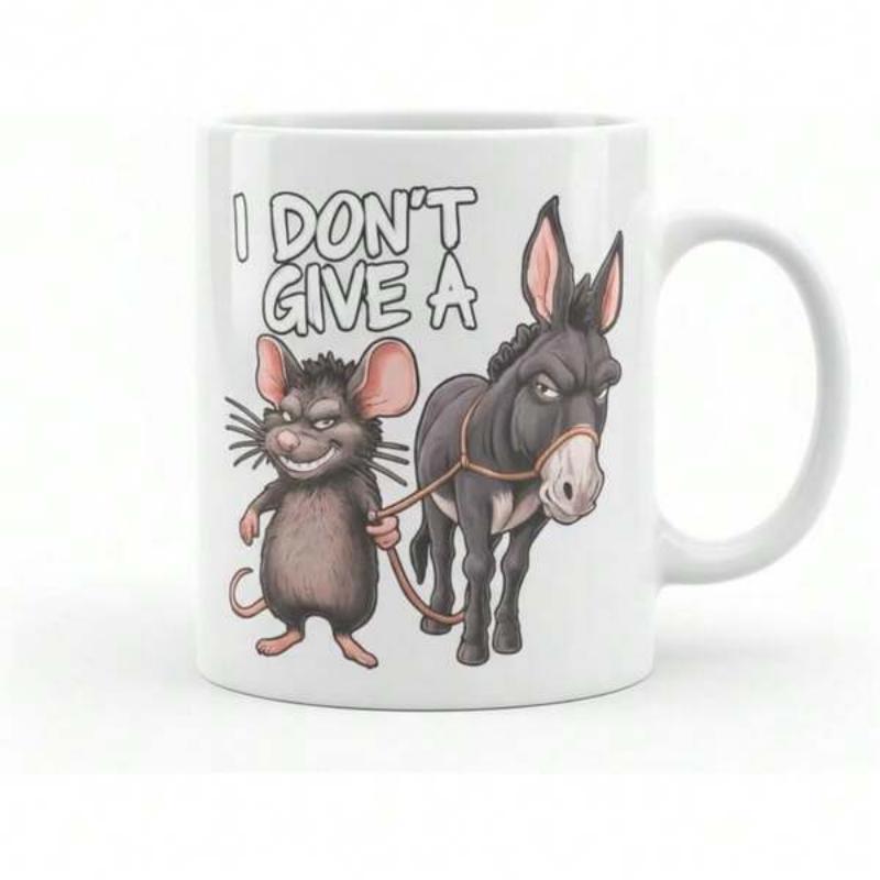 Tailorly White Ceramic 11 oz Mug - I Don't Give A Funny Cartoon Mouse Leading A Stubborn Gray Farm Animal Character Donkey