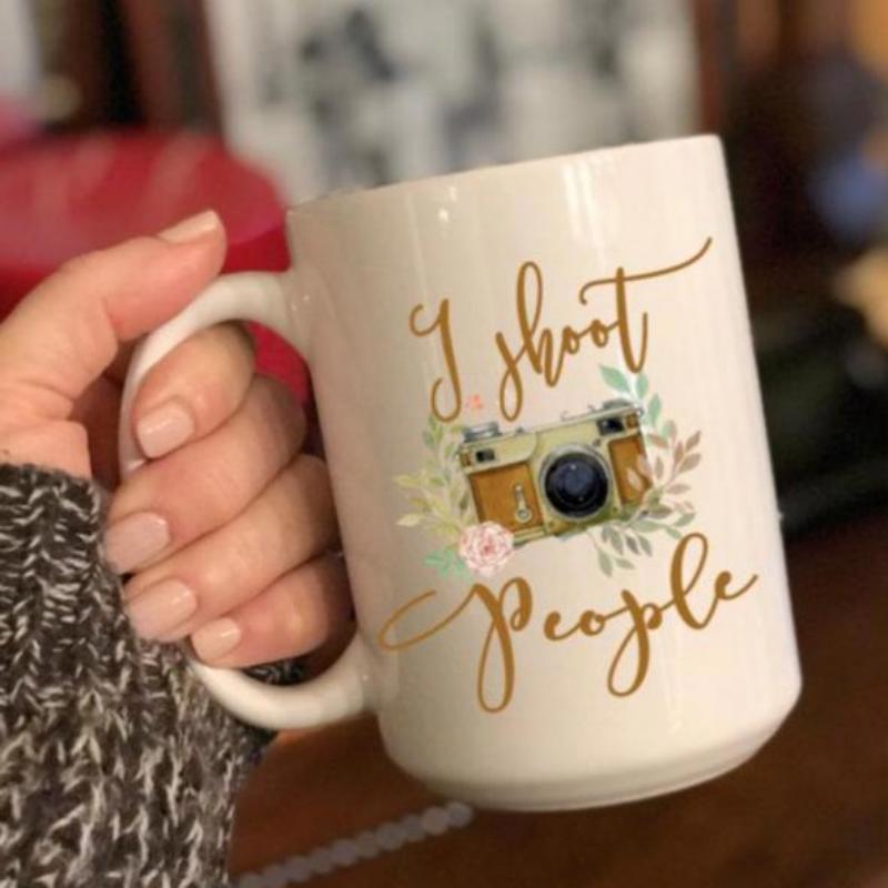 Tailorly White Ceramic 11 oz Mug - I Shoot People Vintage Brown Camera Nestled Among Soft Leaves And Floral Elements Camera