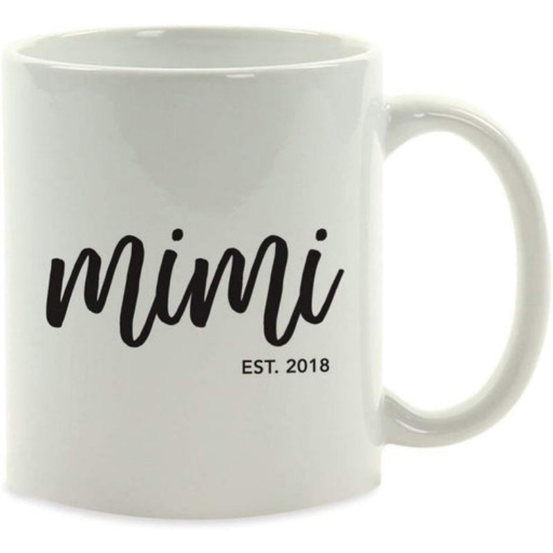 Tailorly White Ceramic 11 oz Mug - Mimi Est 2018 Minimalist White Ceramic Kitchenware Featuring Bold Black Hand Written Calligraphy Style Mug