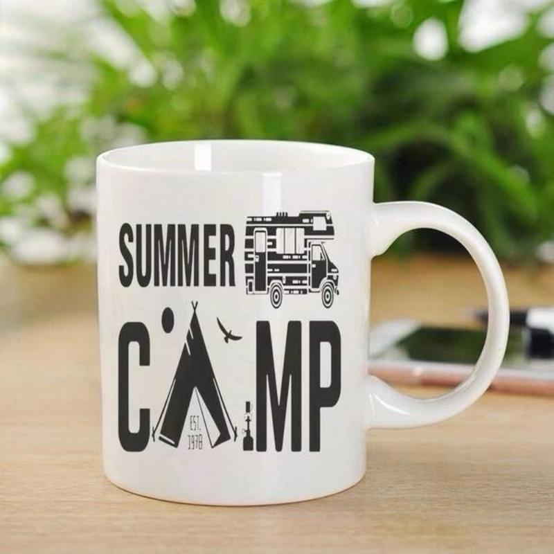 Tailorly White Ceramic 11 oz Mug - Summer Camp Retro Traveling Van And Classic Teepee Beneath A Flying Wild Bird Camper