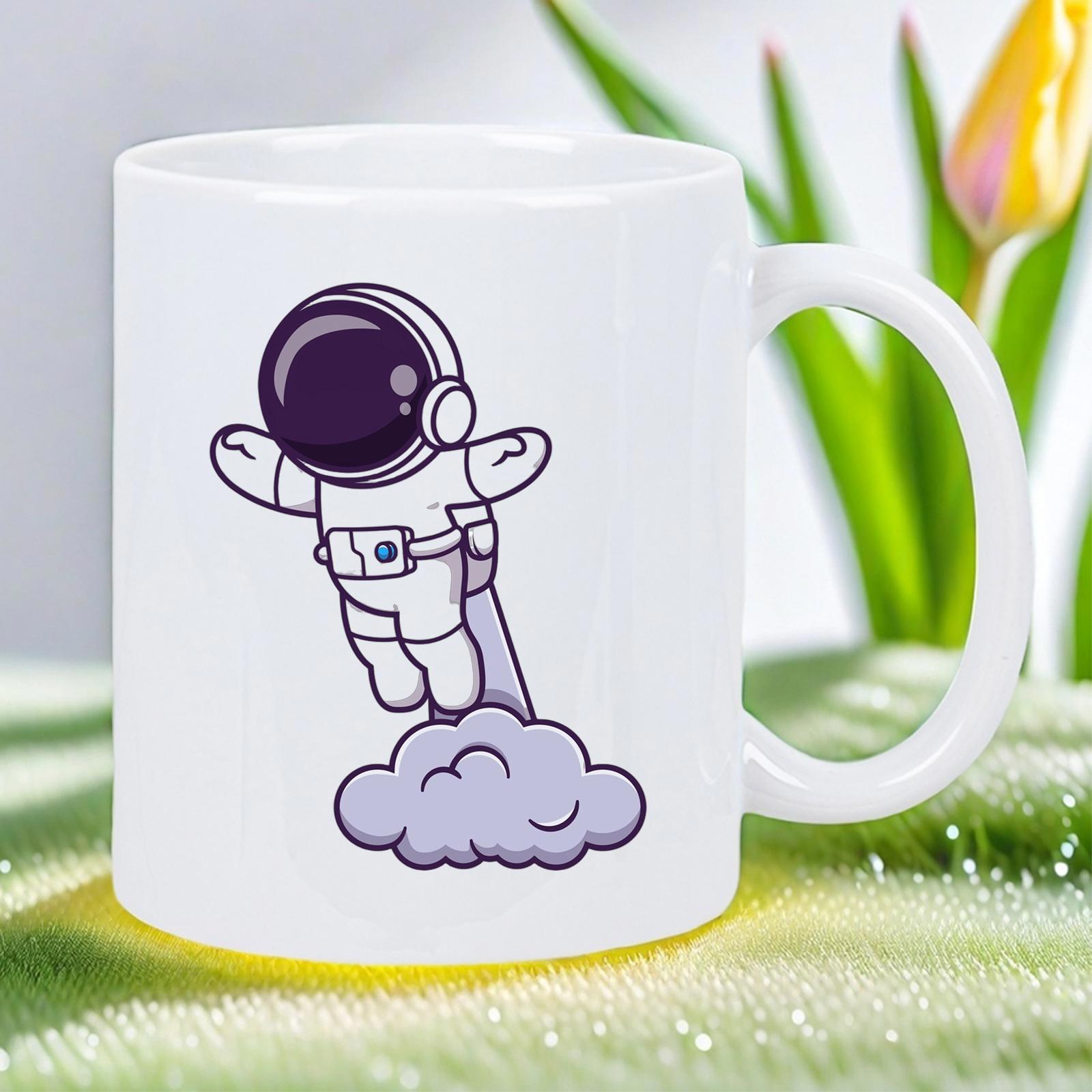 Tailorly White Ceramic 11 oz Mug - Cartoon Style Floating High Above A Soft Purple Cloud Astronaut