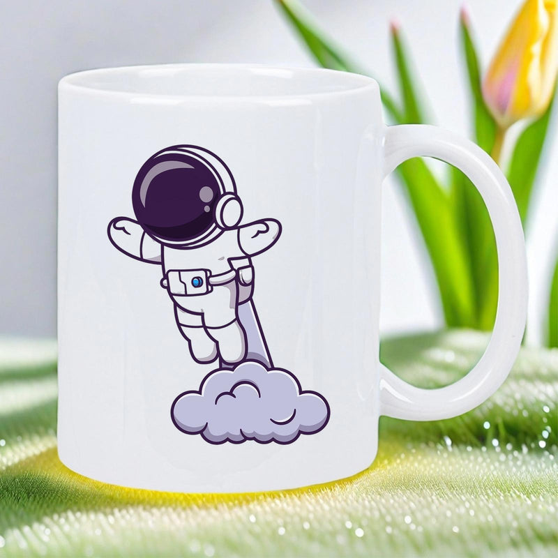 Tailorly White Ceramic 11 oz Mug - Cartoon Style Floating High Above A Soft Purple Cloud Astronaut