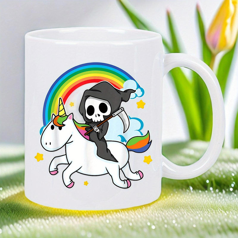 Tailorly White Ceramic 11 oz Mug - Cute Cartoon Grim Reaper Riding A Majestic White Rainbow Magical Unicorn
