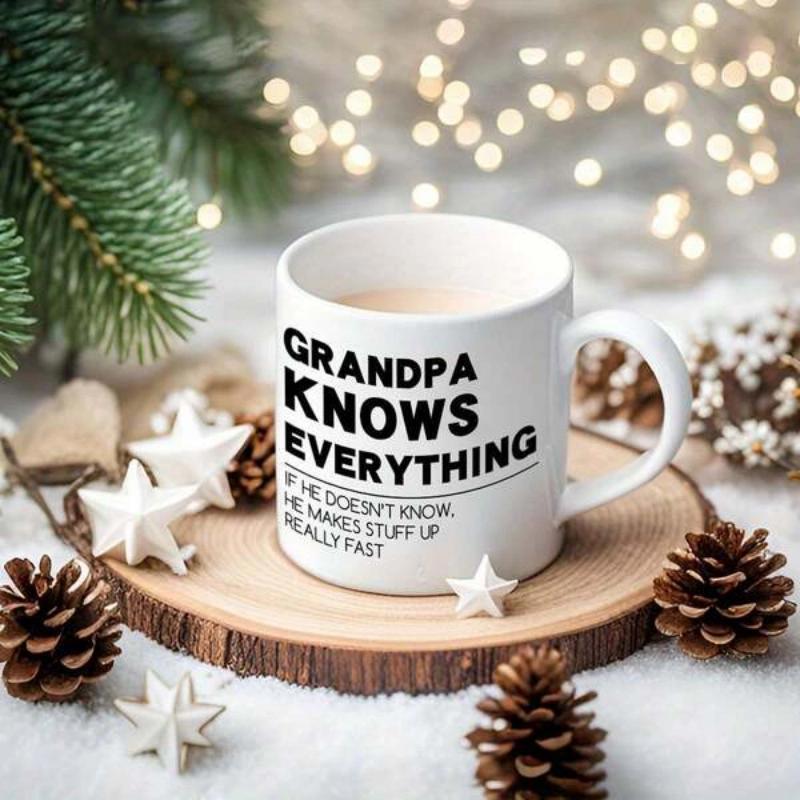 Tailorly White Ceramic 11 oz Mug - Grandpa Knows Everything Minimalist Elegant White Ceramic Drinking Vessel On Wood Coaster Mug