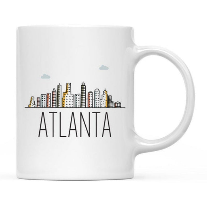 Tailorly White Ceramic 11 oz Mug - Atlanta Minimalist Linear Illustration Of Modern Skyscrapers Under Small Floating Clouds Skyline