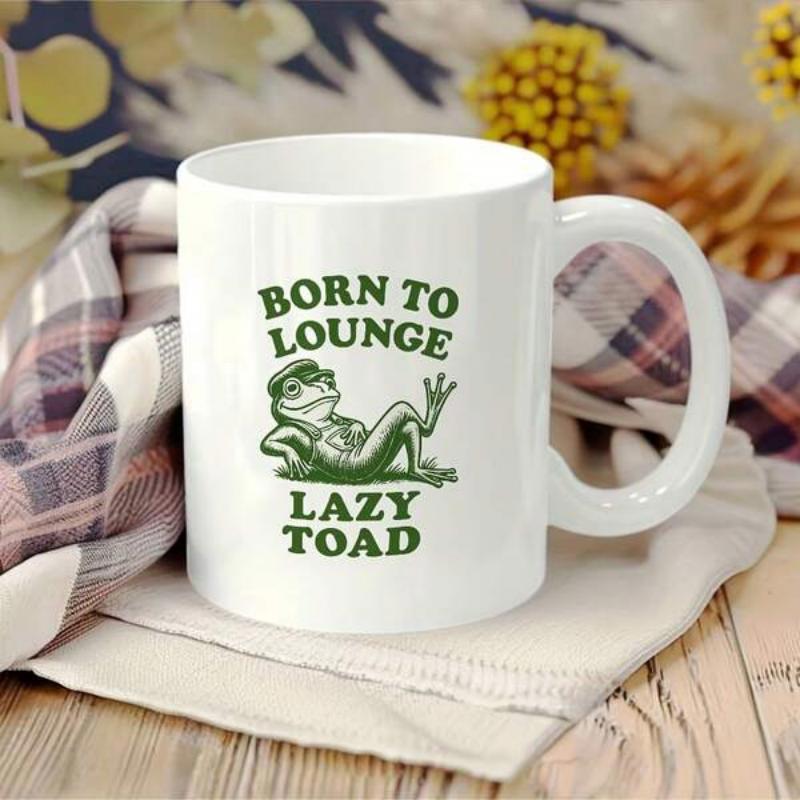 Tailorly White Ceramic 11 oz Mug - Born To Lounge Lazy Toad Relaxing Amphibian Wearing A Small Hat Lying Down In The Grass Toad