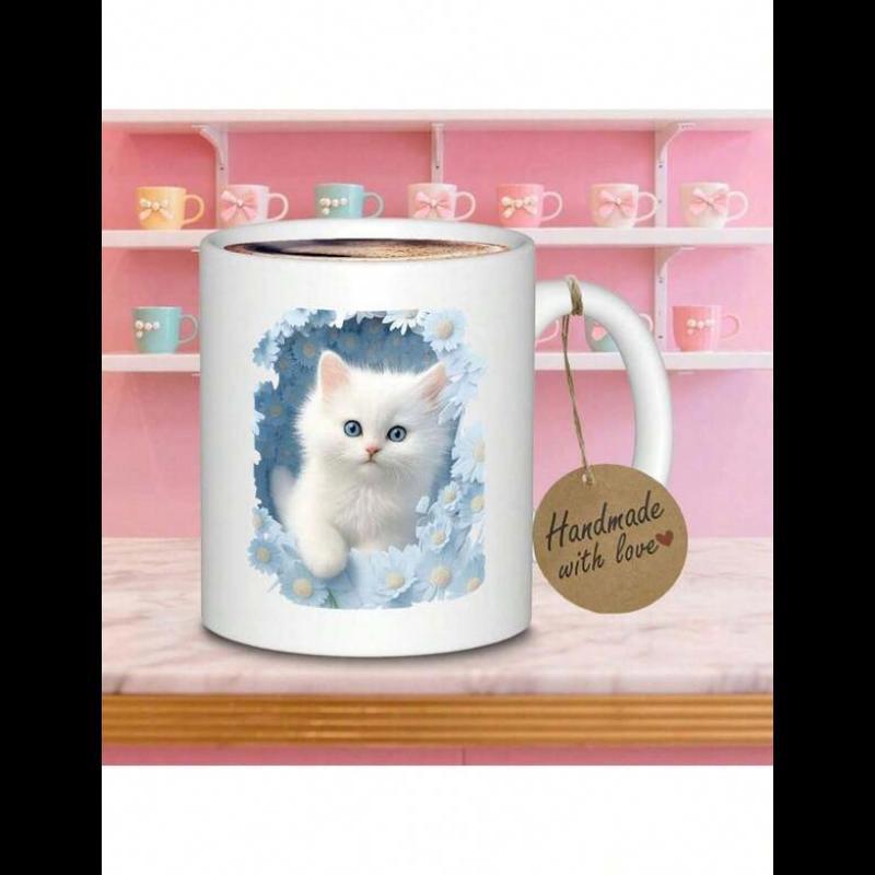 Tailorly White Ceramic 11 oz Mug - Handmade With Love Adorable Fluffy White Kitten Nestled Among Soft Blue Clouds Kitten