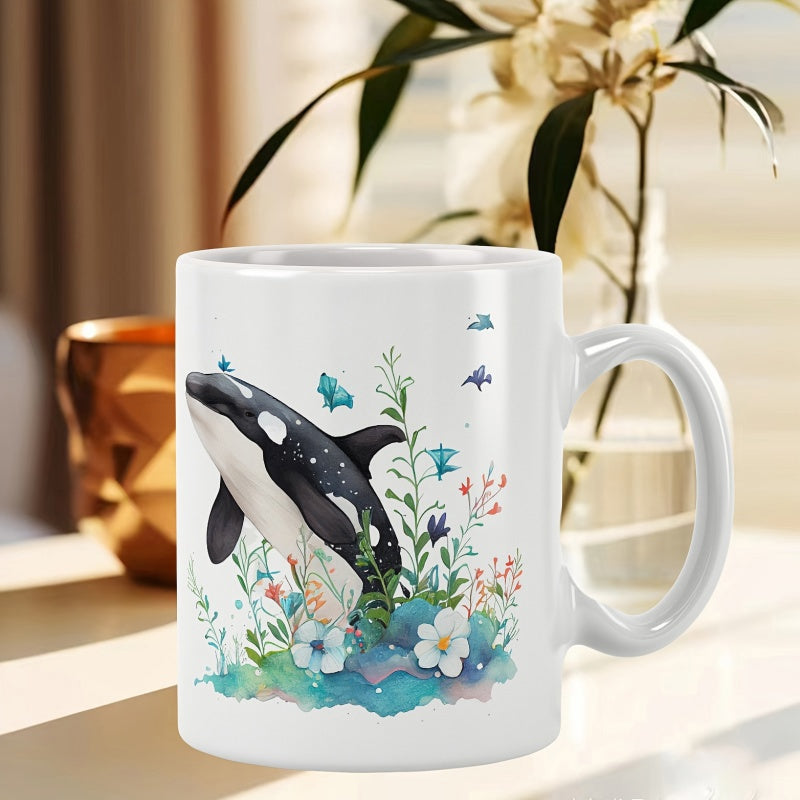 Tailorly White Ceramic 11 oz Mug - Graceful Watercolor Whale Swimming Among Vibrant Floral Garden And Marine Plants Orca